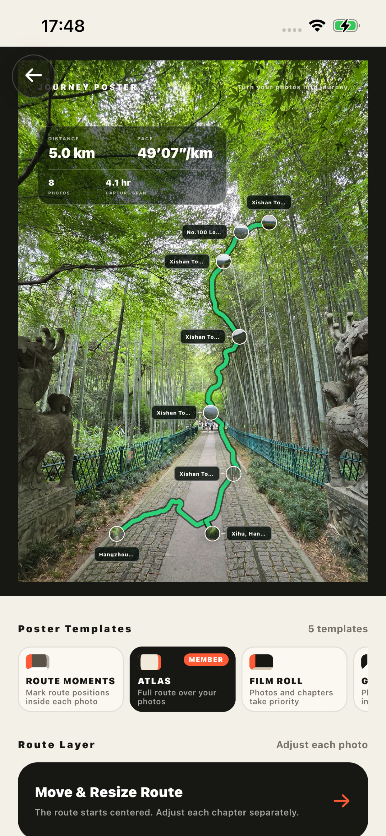 Journey Poster app showing a travel photo with a route overlay